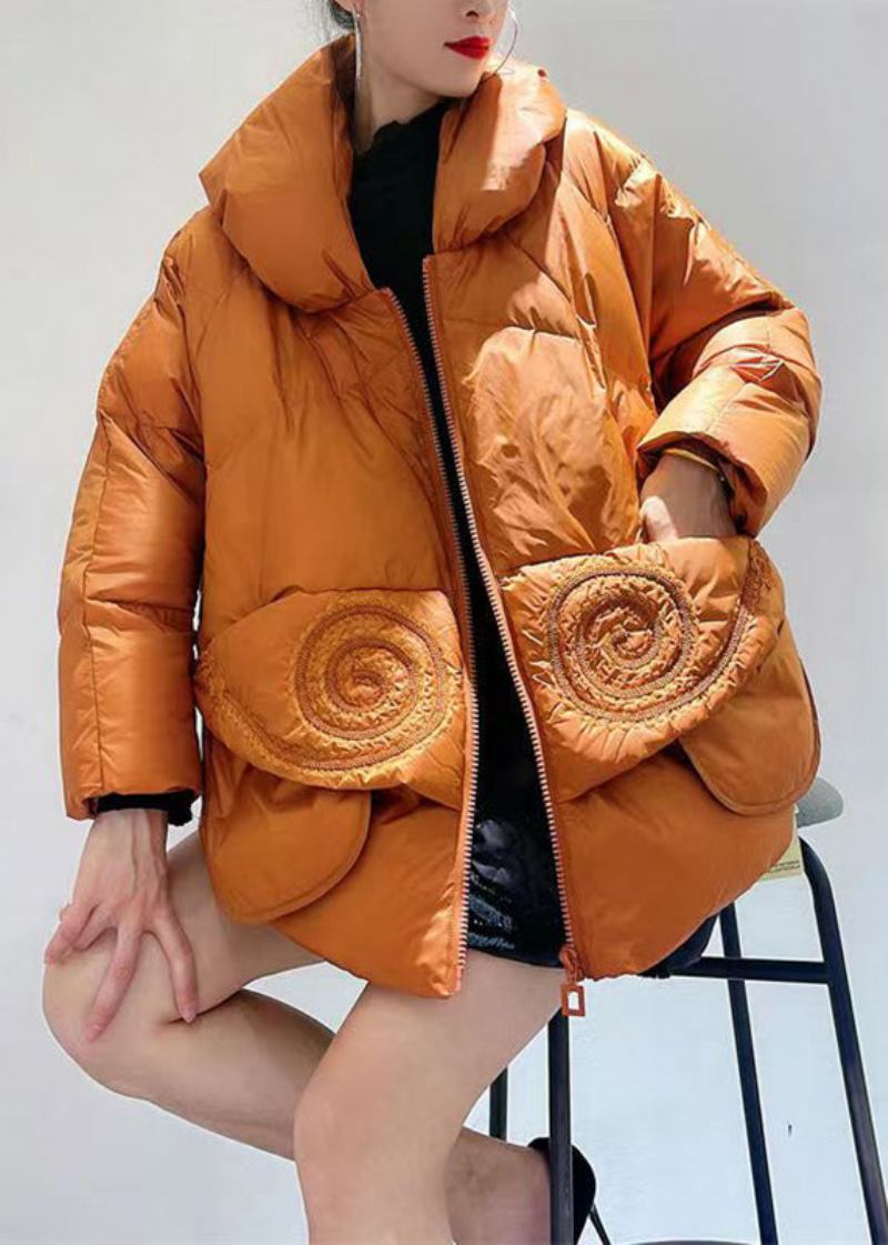 Schicke Orangefarbene Langärmlige Daunenjacke Mit Patchwork-taschen Im Patchwork-stil Im Winter - Damen-Daunenjacken