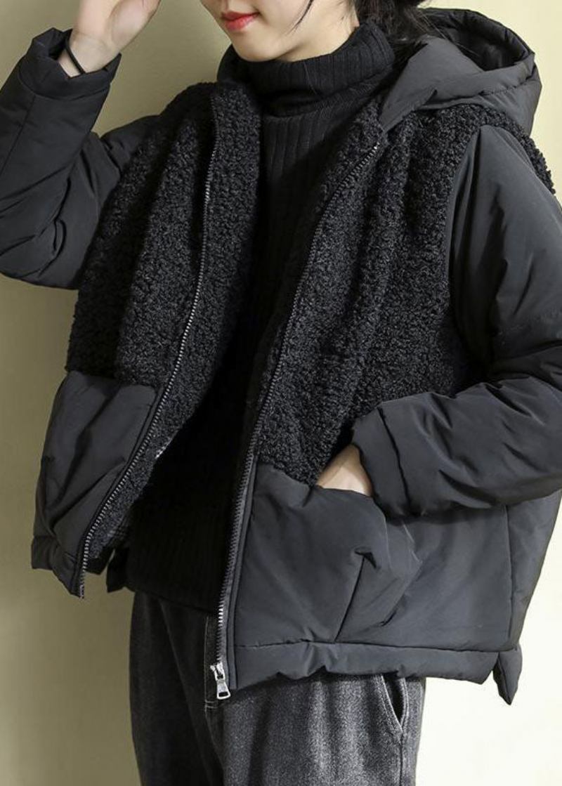 Schicke Schwarze Parkas Aus Kunstpelz Mit Kapuze Patchwork Und Reißverschluss Für Den Winter