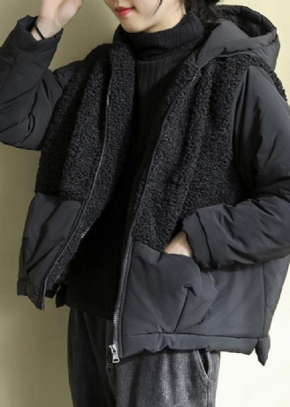 Schicke Schwarze Parkas Aus Kunstpelz Mit Kapuze Patchwork Und Reißverschluss Für Den Winter