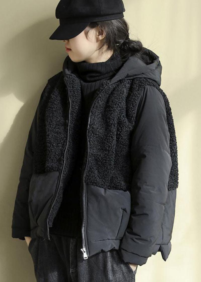 Schicke Schwarze Parkas Aus Kunstpelz Mit Kapuze Patchwork Und Reißverschluss Für Den Winter - Damen-Daunenjacken