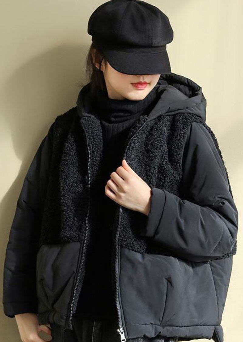 Schicke Schwarze Parkas Aus Kunstpelz Mit Kapuze Patchwork Und Reißverschluss Für Den Winter - Damen-Daunenjacken