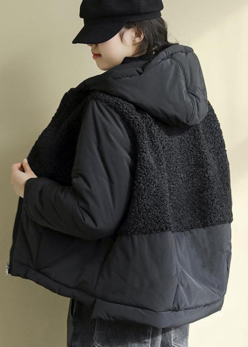 Schicke Schwarze Parkas Aus Kunstpelz Mit Kapuze Patchwork Und Reißverschluss Für Den Winter - Damen-Daunenjacken