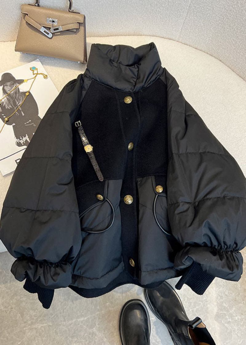 Schicke Schwarze Pufferjacke Mit Stehkragen Und Kordelzug Und Reißverschluss Aus Feiner Baumwolle Winter - Damen-Daunenjacken