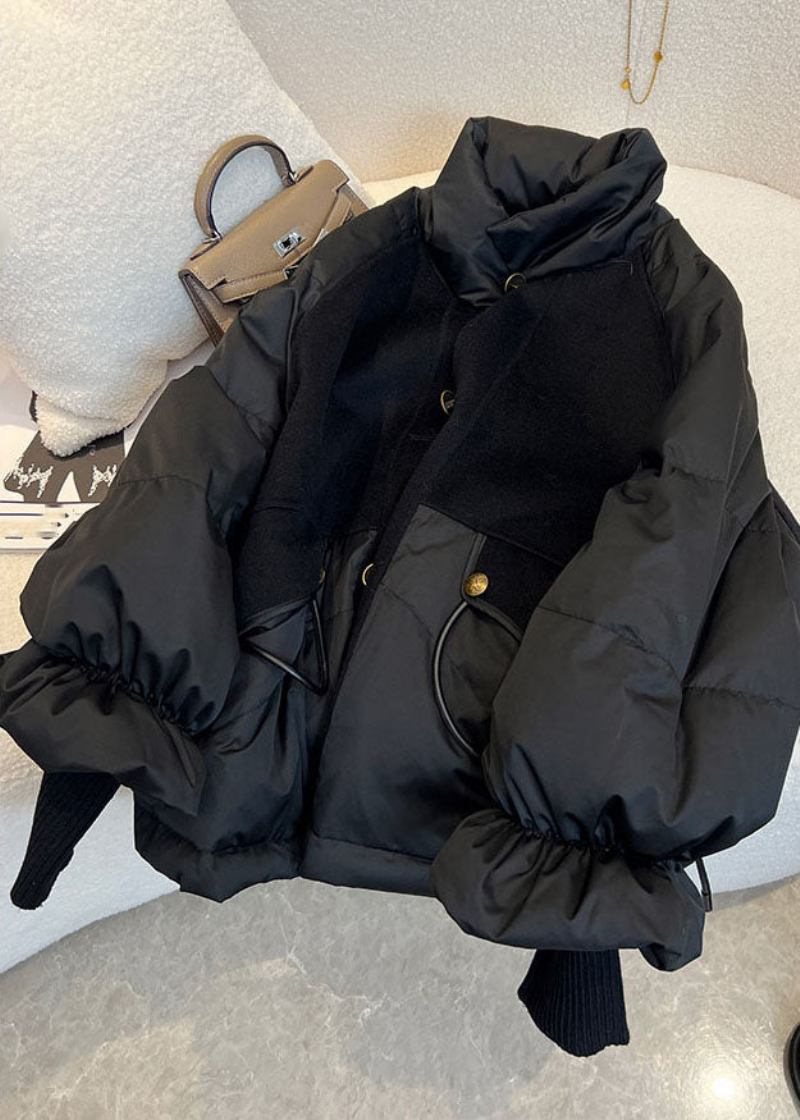 Schicke Schwarze Pufferjacke Mit Stehkragen Und Kordelzug Und Reißverschluss Aus Feiner Baumwolle Winter - Damen-Daunenjacken