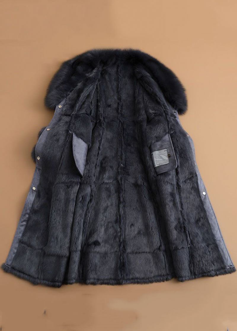 Schlank Geschnittener Denim-parka Aus Blauem Fuchskragen Mit Schärpen Und Taschen Aus Leder Und Pelz Für Den Winter - Damen-Daunenjacken