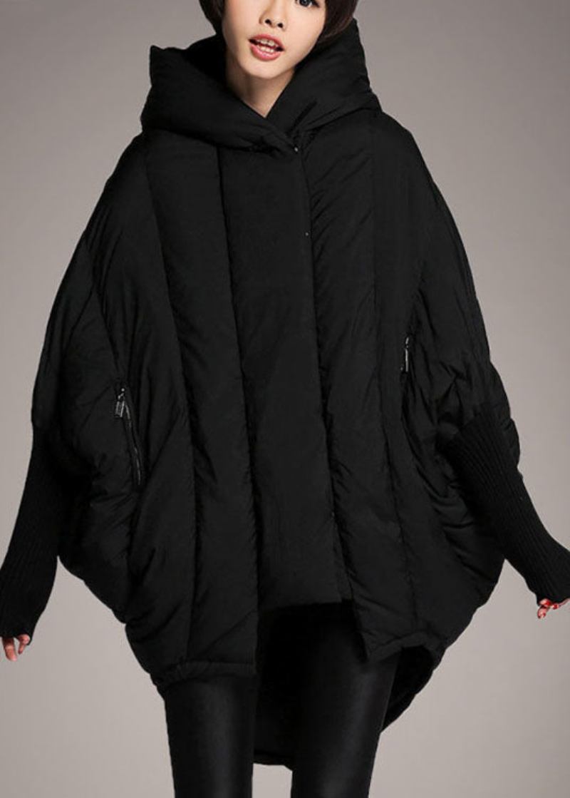 Schlichte Schwarze Weite Daunenjacke Mit Asymmetrischem Design Für Den Winter Mit Taschen