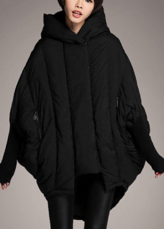 Schlichte Schwarze Weite Daunenjacke Mit Asymmetrischem Design Für Den Winter Mit Taschen