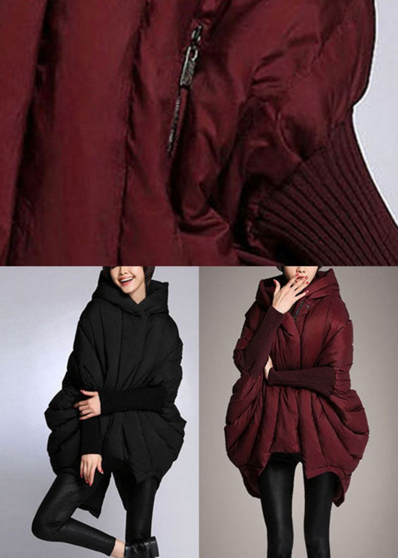 Schlichte Schwarze Weite Daunenjacke Mit Asymmetrischem Design Für Den Winter Mit Taschen - Maulbeere