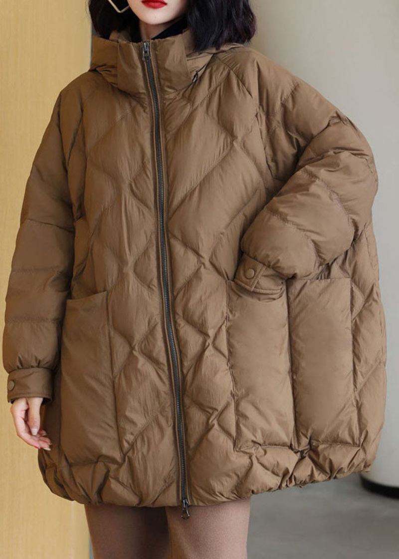 Schokoladenbraune Dicke Pufferjacke Aus Entendaunen Mit Kapuze Und Taschen Für Den Winter - Damen-Daunenjacken