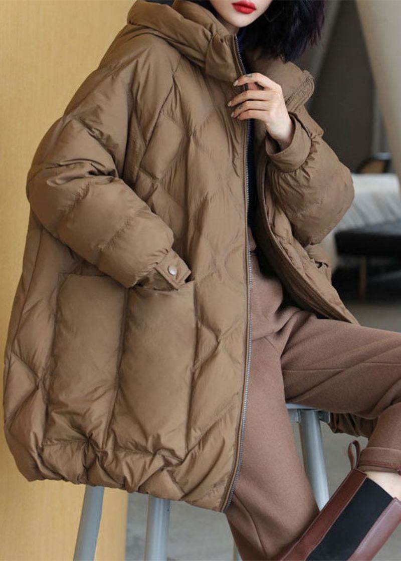 Schokoladenbraune Dicke Pufferjacke Aus Entendaunen Mit Kapuze Und Taschen Für Den Winter - Damen-Daunenjacken