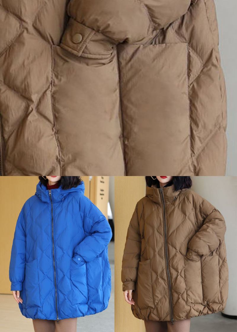 Schokoladenbraune Dicke Pufferjacke Aus Entendaunen Mit Kapuze Und Taschen Für Den Winter - Damen-Daunenjacken