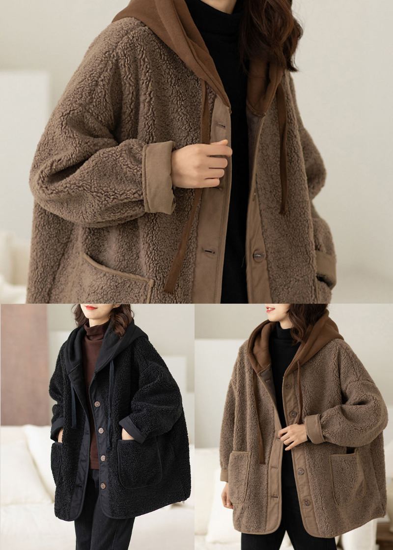 Schokoladenbraune Kunstpelzjacke Aus Feinem Teddyfell Mit Kapuze Und Kordelzug Für Den Winter - Kaffee