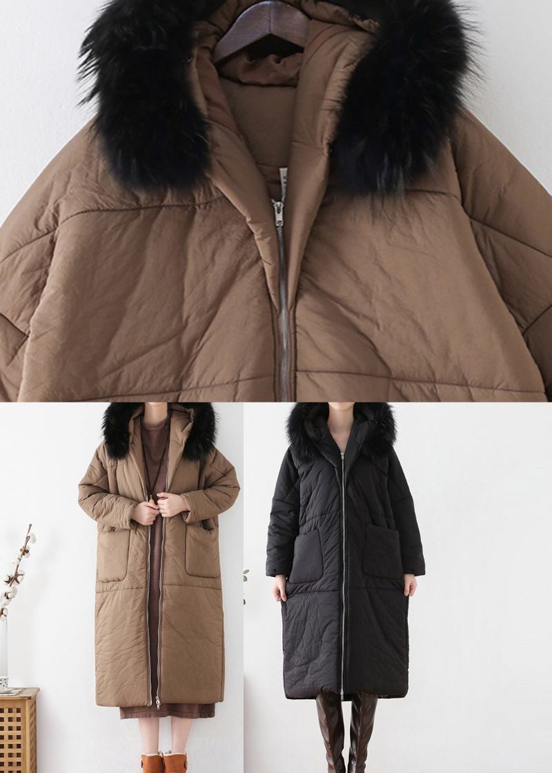 Schokoladenbrauner Maxi-parka Mit Dicker Kapuze Und Reißverschluss Für Den Winter - Kaffee