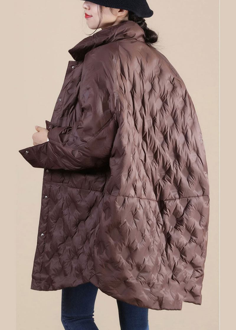 Schokoladenbrauner Stehkragen Mit Knopf Weite Winterpuffer Lange Daunenjacke - Kaffee