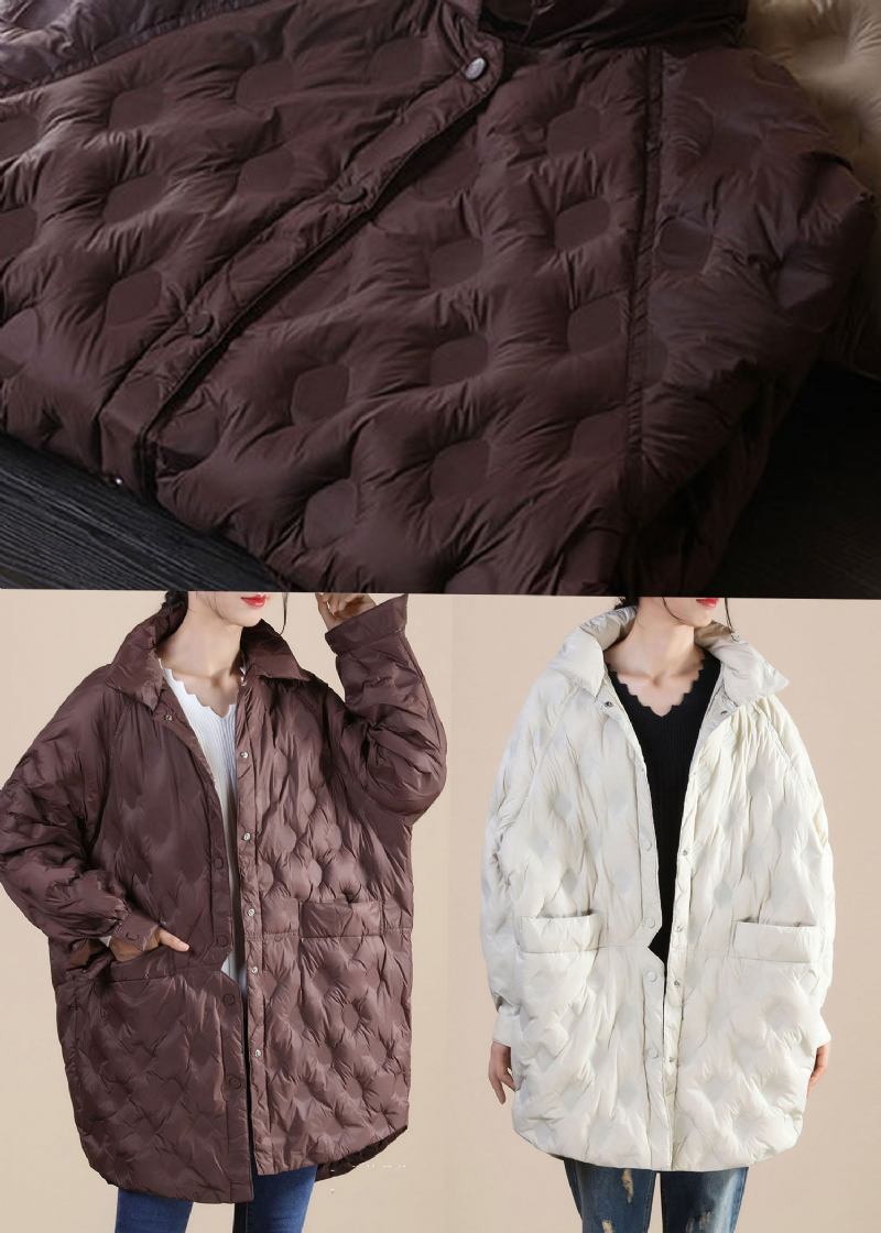 Schokoladenbrauner Stehkragen Mit Knopf Weite Winterpuffer Lange Daunenjacke - Kaffee