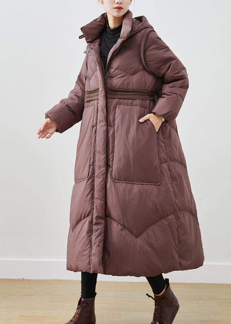 Schokoladenfarbene Entendaunenjacke Mit Kordelzug Und Großen Taschen Für Den Winter - Damen-Daunenjacken