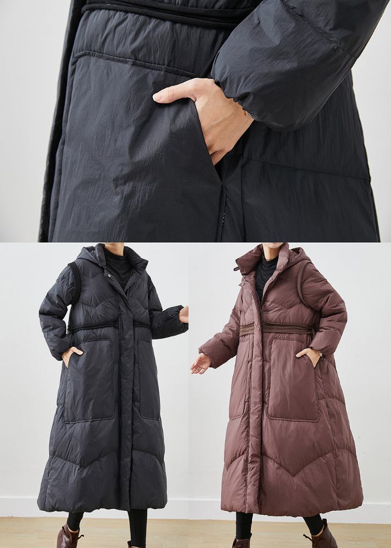 Schokoladenfarbene Entendaunenjacke Mit Kordelzug Und Großen Taschen Für Den Winter - Damen-Daunenjacken