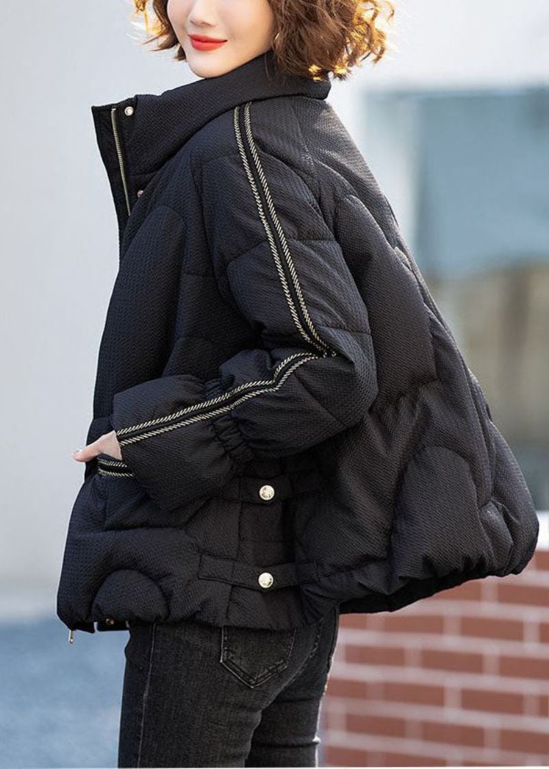 Schwarze Daunenjacke Mit Stehkragen Und Reißverschluss Für Damen Für Den Winter - Damen-Daunenjacken