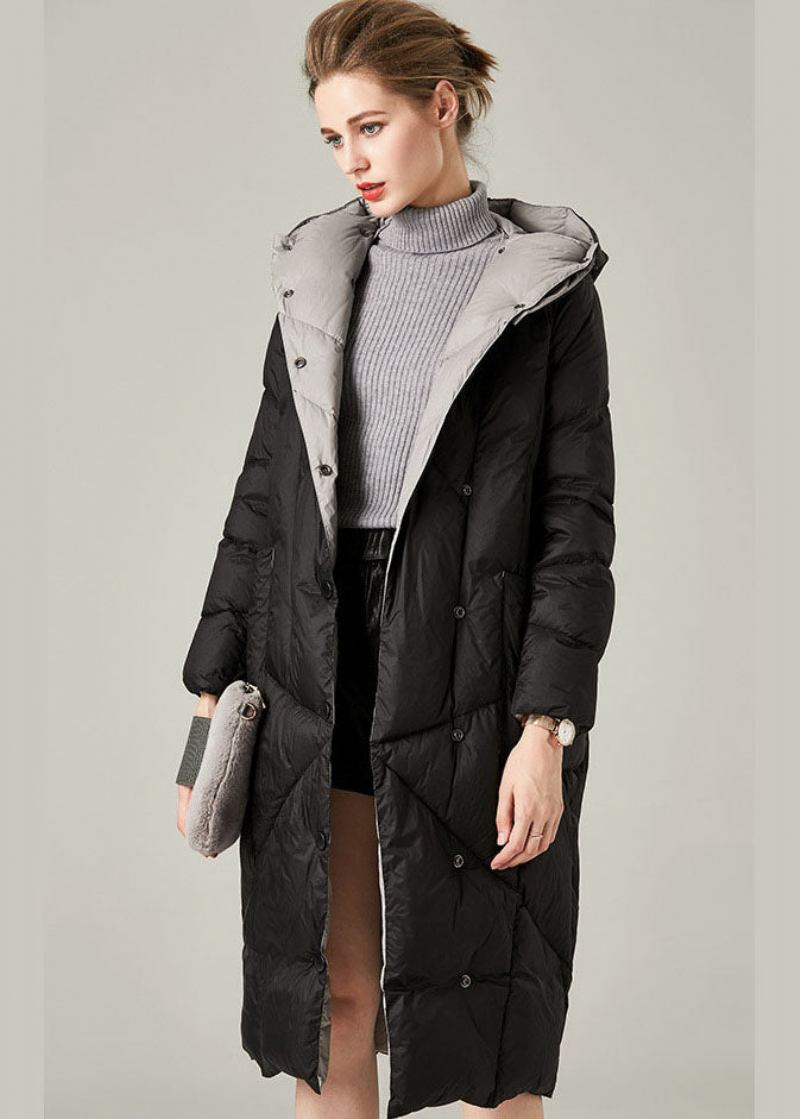 Schwarze Daunenjacke Mit Taschen Und Kapuze Für Den Winter - Schwarz