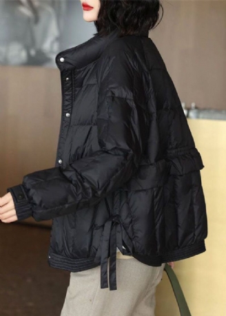 Schwarze Dicke Entendaunenjacke Mit Stehkragen Im Originaldesign Für Den Winter