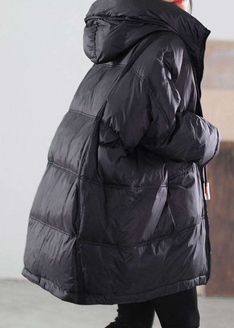 Schwarze Entendaunenjacke Für Damen Mit Kapuze Und Kordelzug Für Den Winter - Damen-Daunenjacken