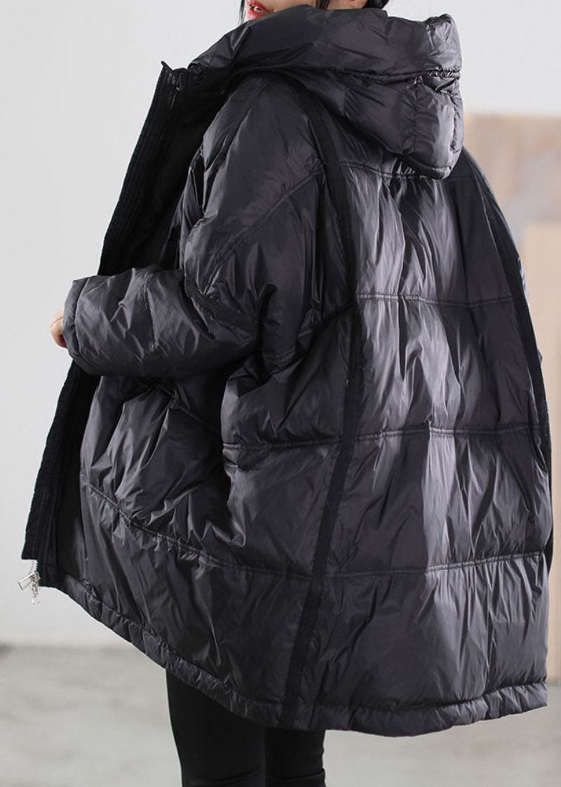 Schwarze Entendaunenjacke Für Damen Mit Kapuze Und Kordelzug Für Den Winter - Damen-Daunenjacken