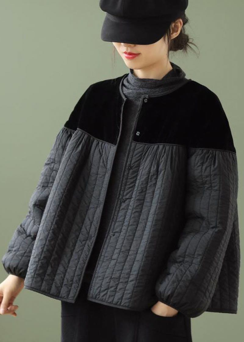 Schwarze Langärmelige Winterjacken Mit Rundhalsausschnitt Und Knopf Aus Patchwork Im Boho-stil - Damen-Daunenjacken