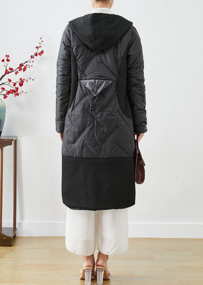 Schwarze Patchwork-jacke Mit Kapuze Und Chinesischem Knopf Aus Feiner Baumwolle Für Den Winter - Damen-Daunenjacken