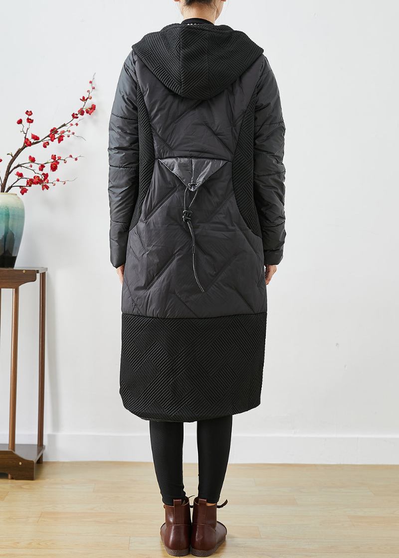 Schwarze Patchwork-parka Mit Kapuze Und Chinesischem Knopf Aus Feiner Baumwolle Zum Selbermachen Für Den Winter - Damen-Daunenjacken