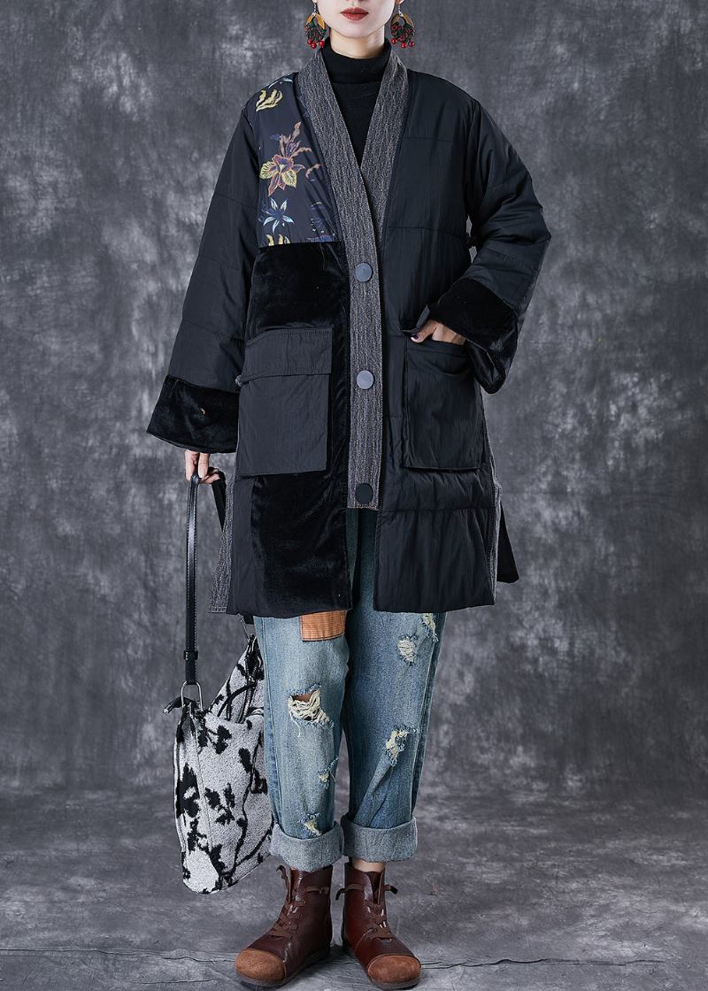 Schwarze Patchwork-parkas Mit Dicker Feiner Baumwollfüllung Und Übergroßen Taschen Für Den Winter - Damen-Daunenjacken