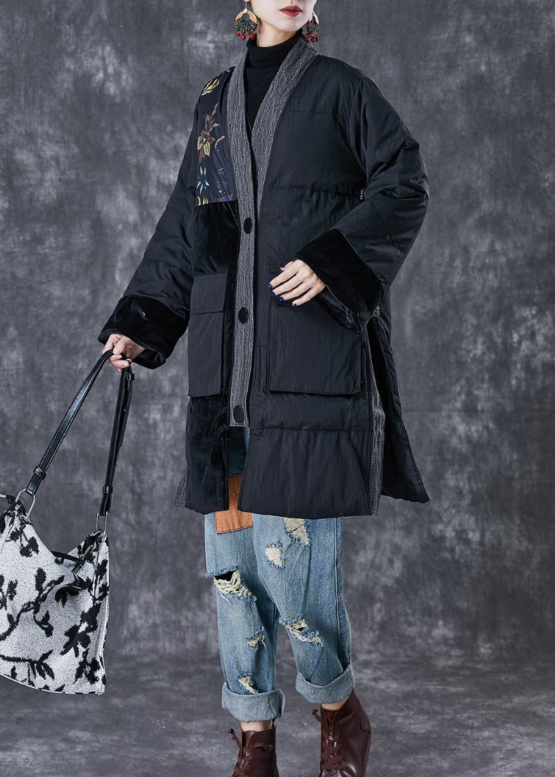 Schwarze Patchwork-parkas Mit Dicker Feiner Baumwollfüllung Und Übergroßen Taschen Für Den Winter - Damen-Daunenjacken