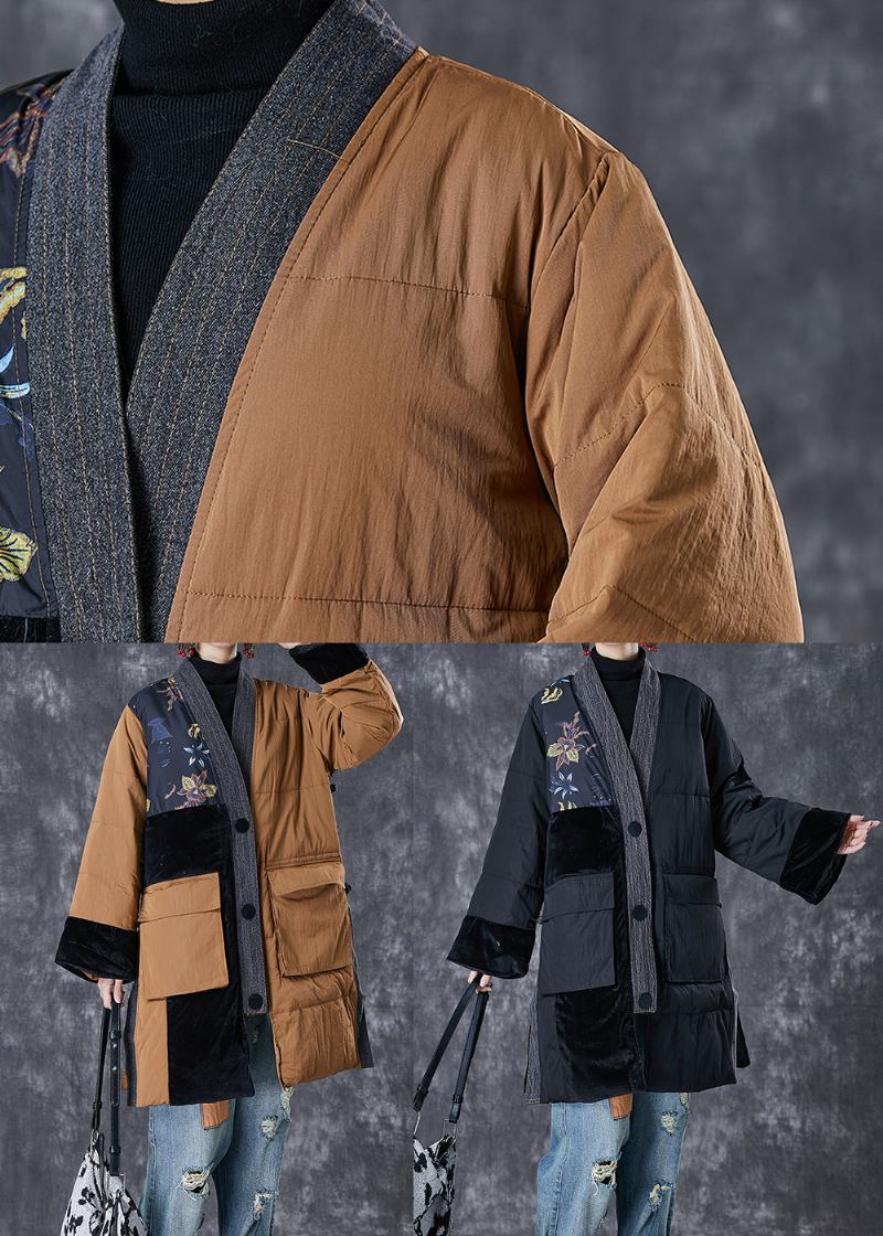 Schwarze Patchwork-parkas Mit Dicker Feiner Baumwollfüllung Und Übergroßen Taschen Für Den Winter - Damen-Daunenjacken