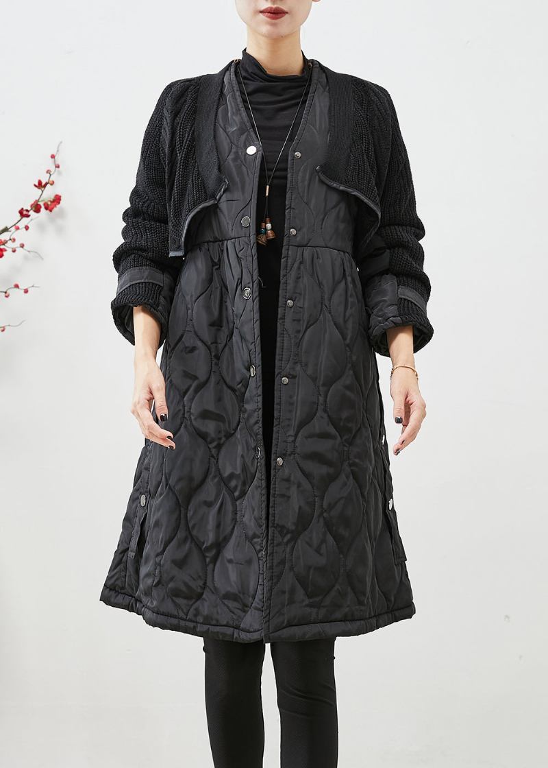 Schwarze Patchwork-pufferjacke Mit V-ausschnitt Und Feiner Baumwollfüllung Für Damen - Damen-Daunenjacken