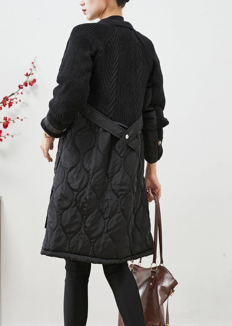 Schwarze Patchwork-pufferjacke Mit V-ausschnitt Und Feiner Baumwollfüllung Für Damen - Damen-Daunenjacken