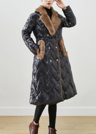 Schwarze Pufferjacke Aus Entendaunen Mit Pelzkragen In Patchwork-optik Für Damen Winter