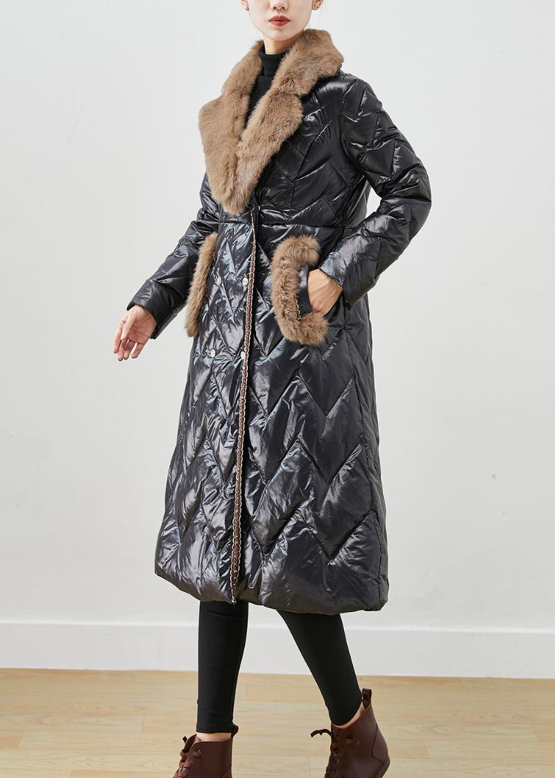 Schwarze Pufferjacke Aus Entendaunen Mit Pelzkragen In Patchwork-optik Für Damen Winter - Damen-Daunenjacken