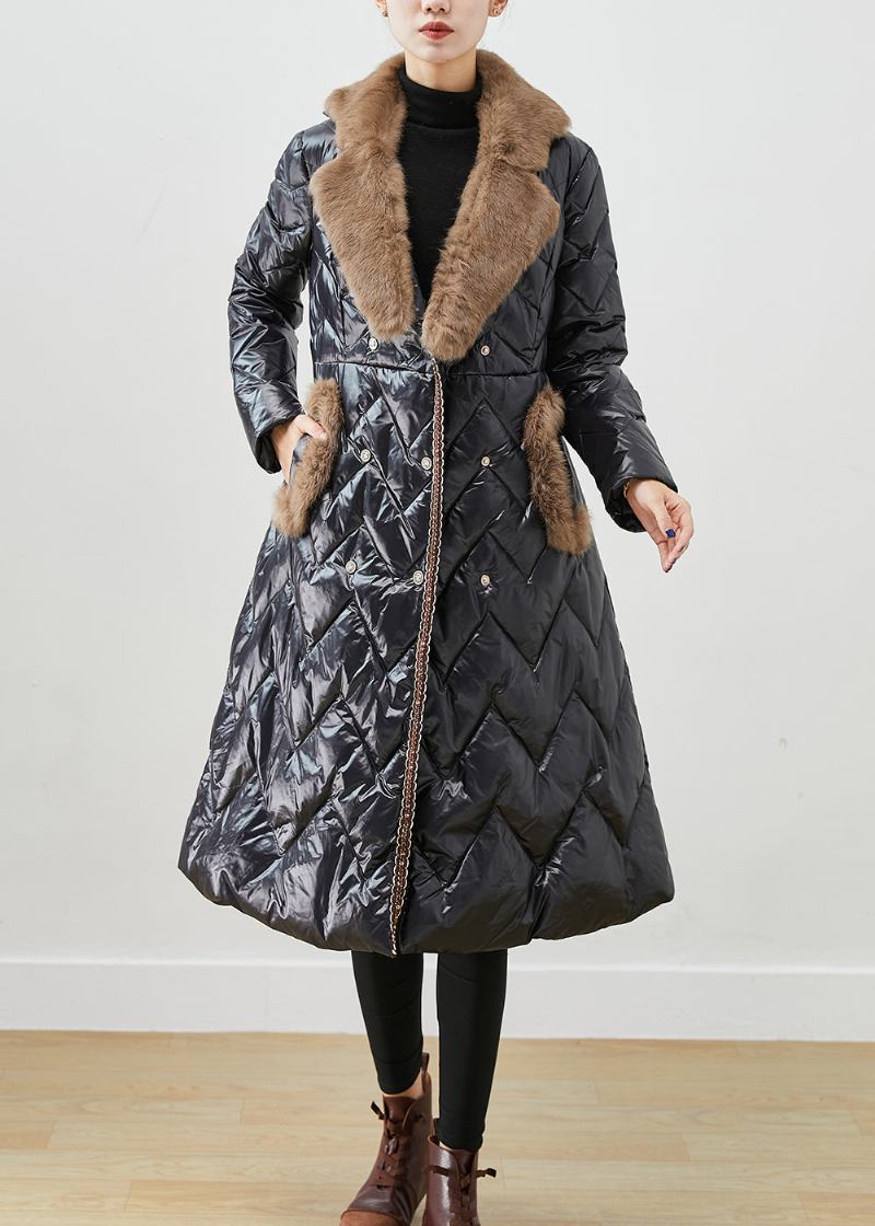 Schwarze Pufferjacke Aus Entendaunen Mit Pelzkragen In Patchwork-optik Für Damen Winter - Damen-Daunenjacken