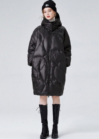 Schwarze Pufferjacke Mit Kapuze Und Reißverschluss Für Damen Mit Entendaunen Für Den Winter