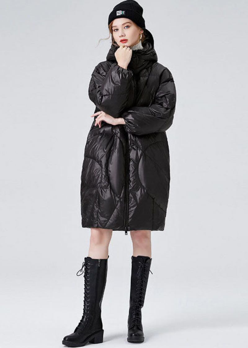 Schwarze Pufferjacke Mit Kapuze Und Reißverschluss Für Damen Mit Entendaunen Für Den Winter - Damen-Daunenjacken