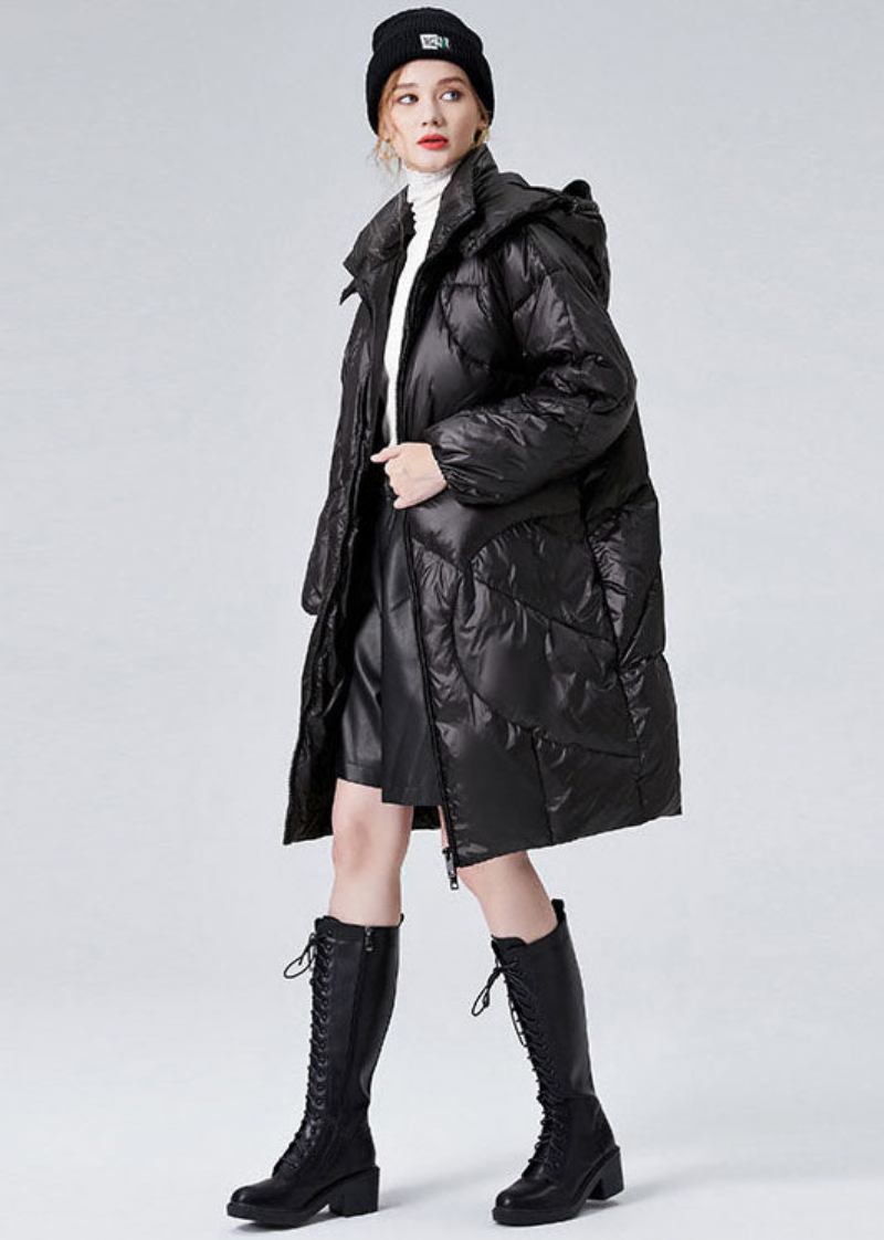 Schwarze Pufferjacke Mit Kapuze Und Reißverschluss Für Damen Mit Entendaunen Für Den Winter - Damen-Daunenjacken