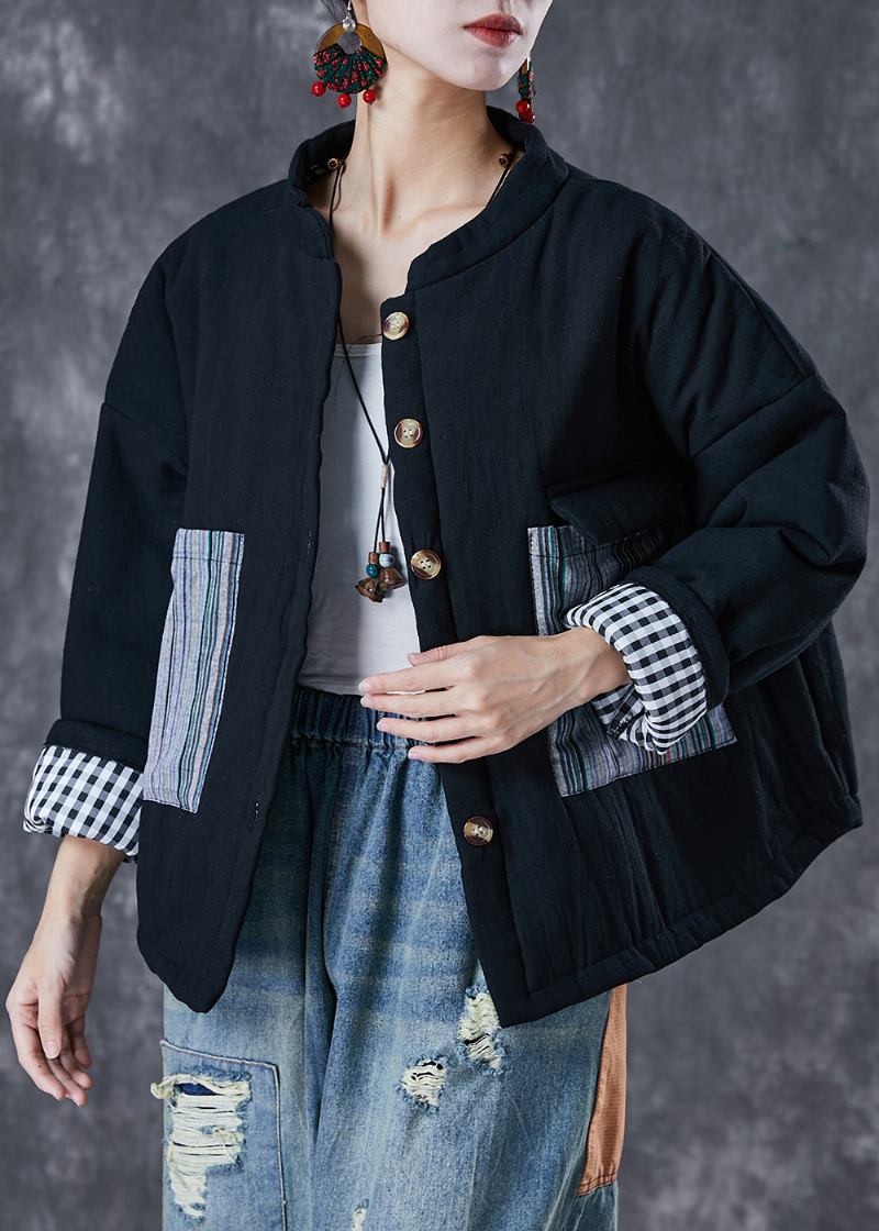 Schwarze Übergroße Italienische Pufferjacke Mit Feiner Baumwollfüllung Im Patchwork-stil Im Winter