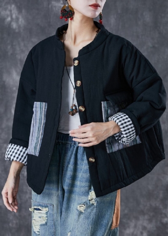 Schwarze Übergroße Italienische Pufferjacke Mit Feiner Baumwollfüllung Im Patchwork-stil Im Winter