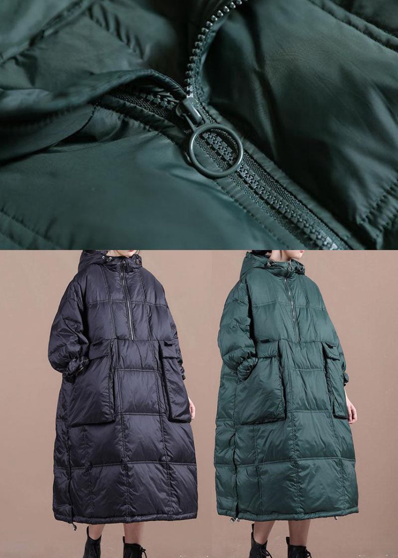 Schwarze Winterparka Mit Reißverschluss Und Taschen Aus Feiner Baumwolle - Grün