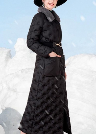 Schwarzer Daunenmantel Winter Trendige Übergrößen-winterjacke Mit Kaninchenwollkragen Und Taschen Elegante Winterjacke