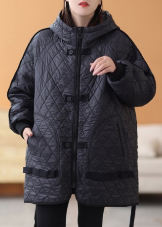 Schwarzer Dicker Parka Mit Patchwork Und Reißverschluss Langärmlig