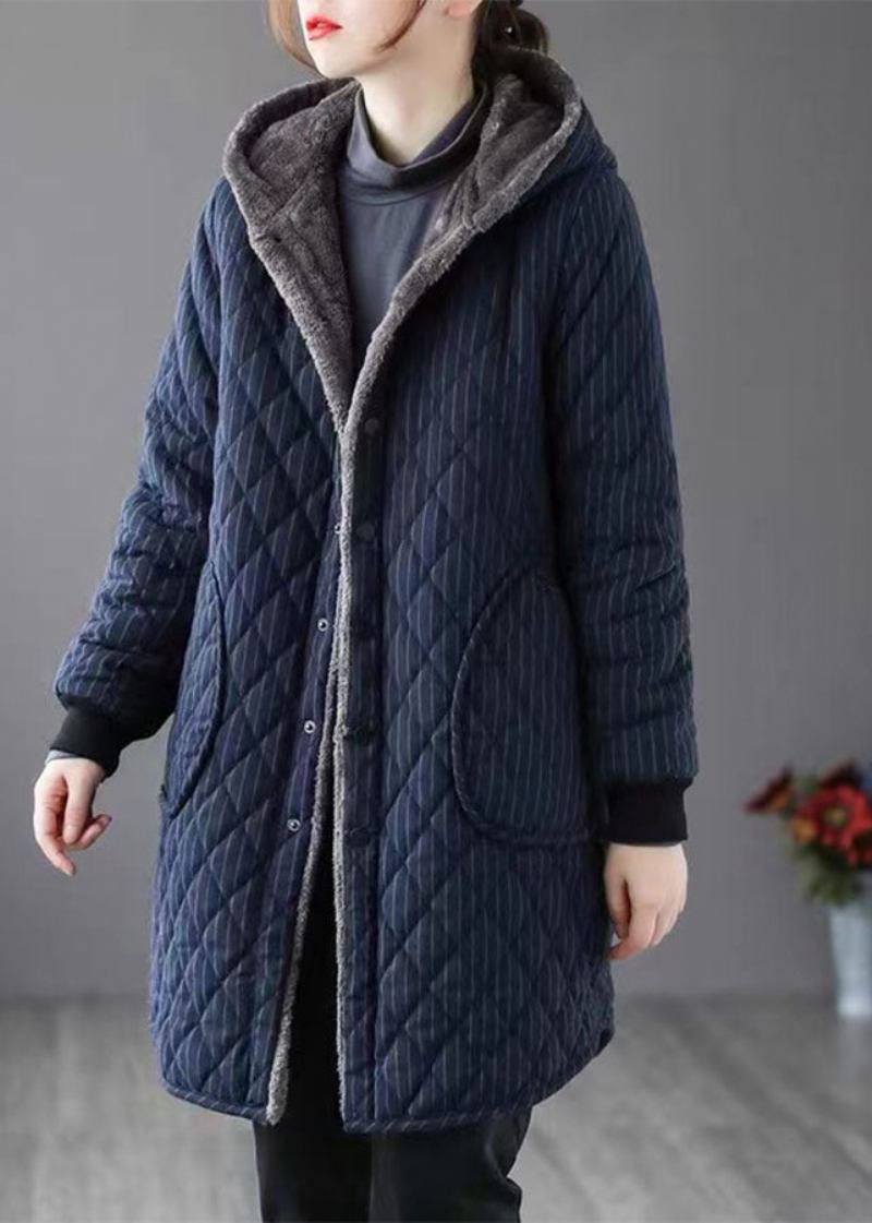 Schwarzer Gestreifter Warmer Fleeceparka Für Damen Mit Kapuze Für Den Winter - Schwarz