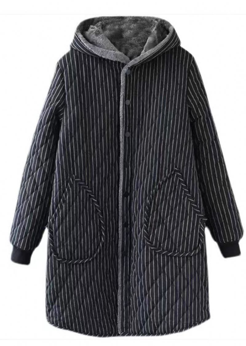 Schwarzer Gestreifter Warmer Fleeceparka Für Damen Mit Kapuze Für Den Winter - Schwarz