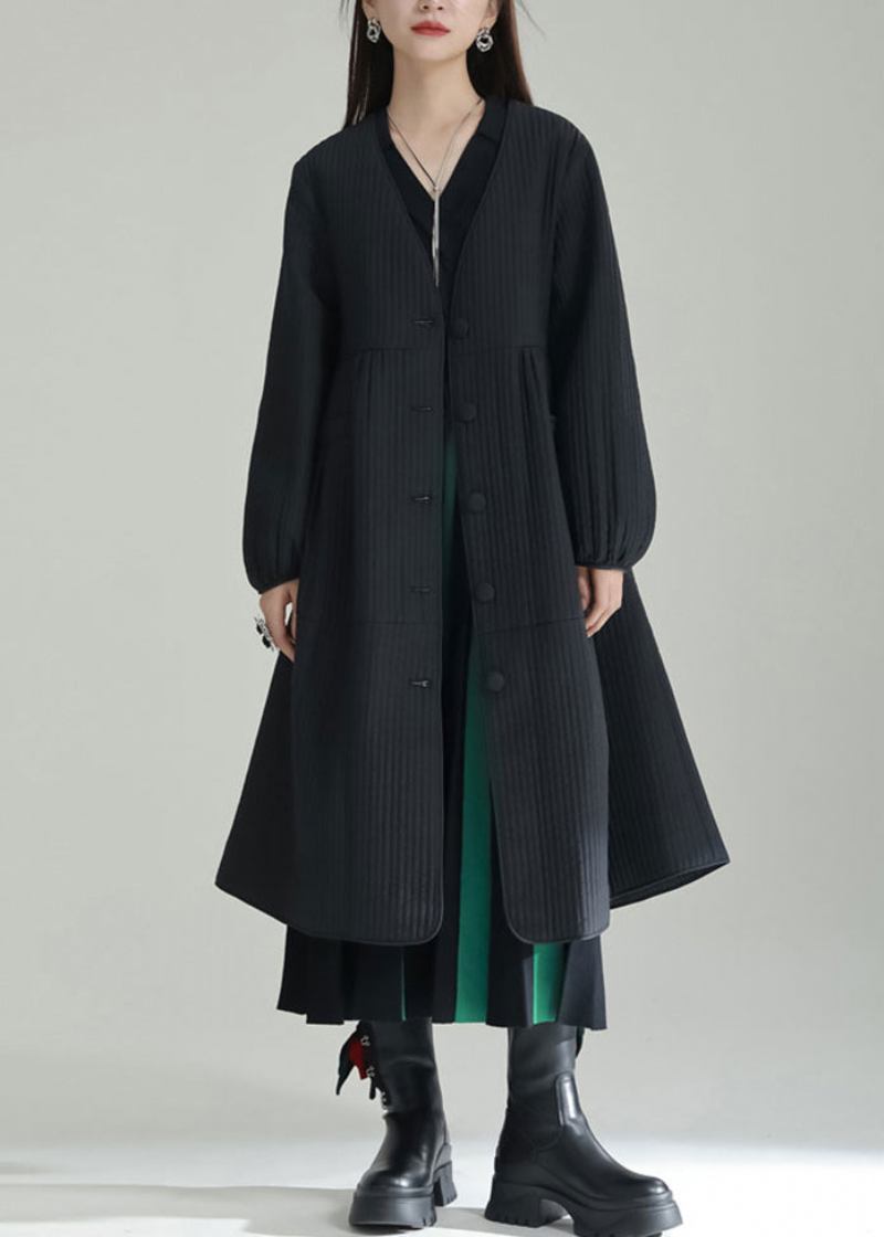 Schwarzer Italienischer Trenchcoat Mit V-ausschnitt Und Knopfleiste Patchwork Feine Baumwolle Winter