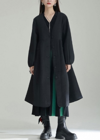 Schwarzer Italienischer Trenchcoat Mit V-ausschnitt Und Knopfleiste Patchwork Feine Baumwolle Winter