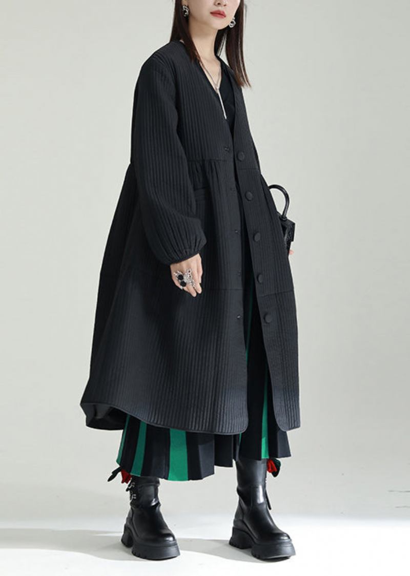 Schwarzer Italienischer Trenchcoat Mit V-ausschnitt Und Knopfleiste Patchwork Feine Baumwolle Winter - Damen-Daunenjacken